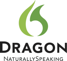Logo for the Dragon Software. Has the text "Dragon" on the bottom, as well as a green cartoonish flame above the text.