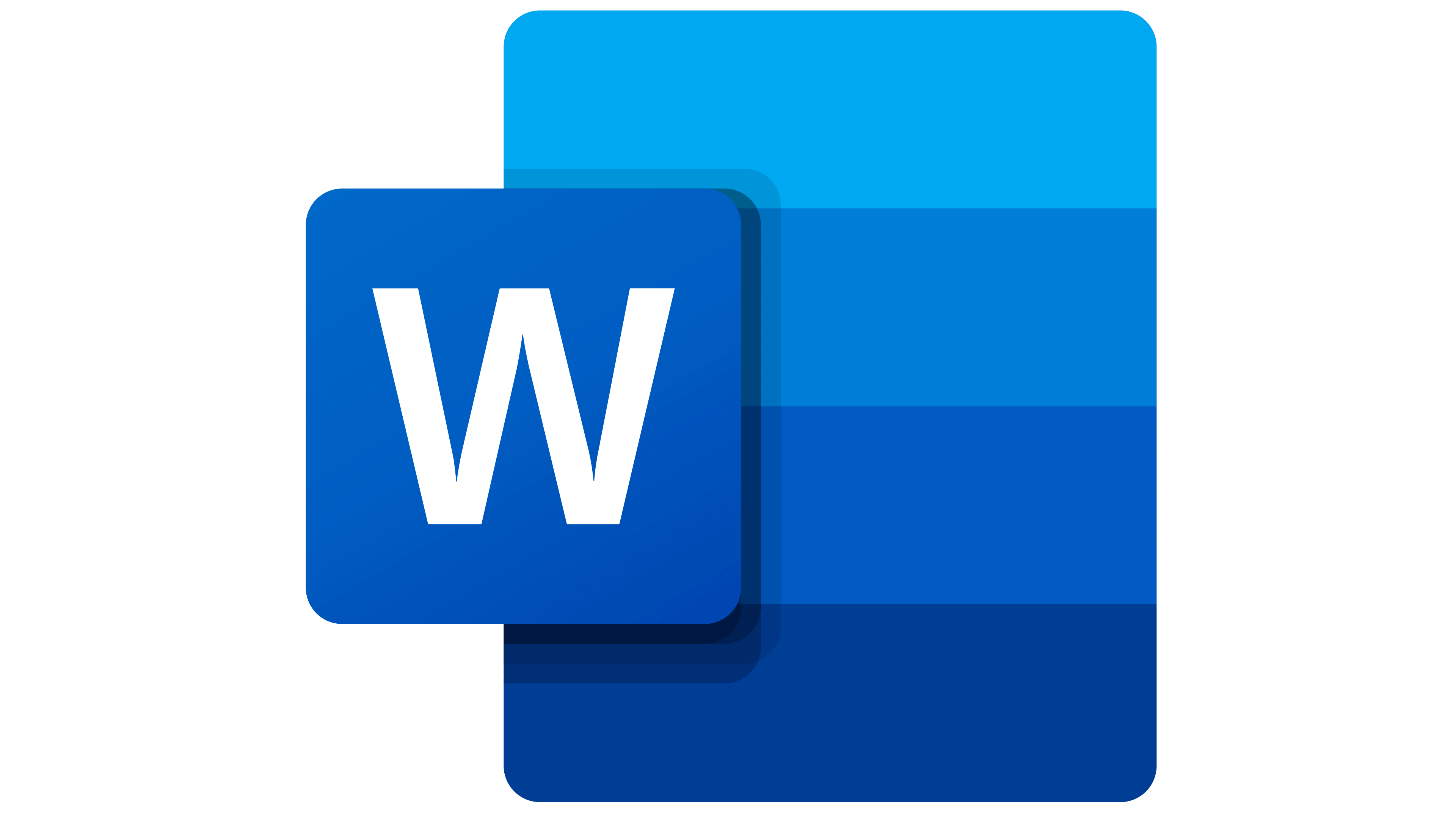 The Microsoft Word logo. There is a letter "W" that is white, with a blue square as it's background. Behind the square is a vertical rectangle with various shades of blue going from light at the top to dark at the bottom. There are 4 different blue shades on the rectangle.