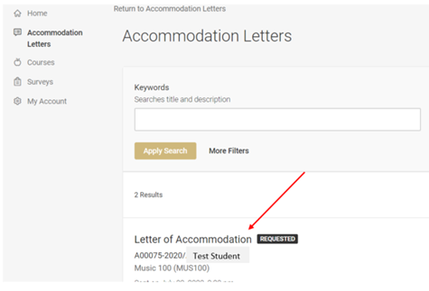 letters of accommodation are listed beneath the keyword search